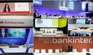 Imágenes de las últimas juntas de accionistas de los principales bancos españoles: Banco Santander, BBVA, Caixabank, Bankia, Banco Sabadell, y Bankinter. EFE/REUTERS
