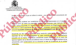 Fragmento del escrito de la Fiscalía Anticorrupción afirmando que el juez Penalva abrió las Diligencias Previas que ahora recurre, cuando en la fecha de incoación ese magistrado llevaba ocho meses apartado de la causa.