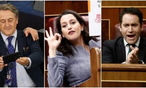 Hermann Tertsch (Vox), Inés Arrimadas (Ciudadanos) y Teodoro García Egea (PP). / EFE