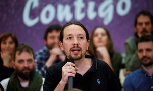 El vicepresidente segundo del Gobierno y secretario general de Podemos, Pablo Iglesias (c), este domingo durante el acto de presentación de su candidatura a la Tercera Asamblea Ciudadana de la formación, prevista para este 21 de marzo en Leganés (Madrid)