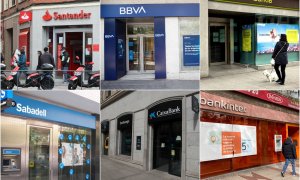 Oficinas de los seis grandes bancos españoles, Santader, Bankia, BBVA, Caixabank, Bankinter y Sabadell. E.P./EFE