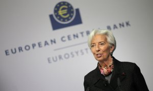 La presidenta del BCE, Christine Lagarde, en una rueda de prensa en la sede del organismo. AFP/Daniel Roland