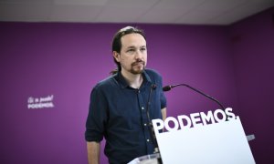 El líder de Podemos, Pablo Iglesias, en la rueda de prensa para valora los resultados de las elecciones europeas, autonómicas y municipales del 26M de 2019. E.P./Óscar Cañas