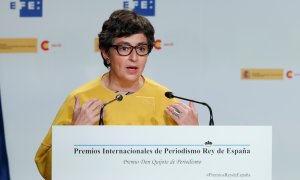 La ministra de Asuntos Exteriores, Unión Europea y Cooperación, Arancha González Laya, durante su intervención en el acto de entrega de la XXXVII edición de los Premios Internacionales de Periodismo Rey de España.