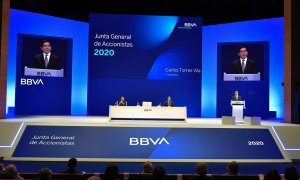 El presidente del BBVA, Carlos Torres Vila, durante su intervención en la junta de accionistas del banco, en marzo de 2020.