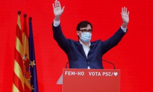 El candidato a la presidencia de la Generalitat por el PSC, Salvador Illa, valora los resultados electorales hoy domingo en la sede del Partido Socialista en Barcelona.