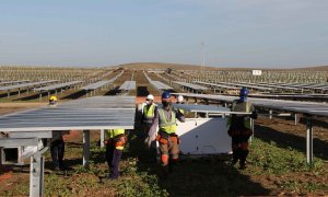 Trabajos de construcción de una planta fotovoltaica en Andalucía.