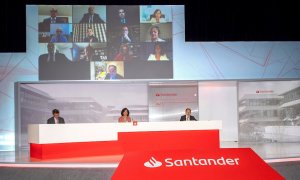 La presidenta del Banco Santander, Ana Botín, preside la junta de accionistas celebrada en el Centro de Formación El Solaruco de la Ciudad Grupo Santander, sede del banco en Madrid, y también de forma telémática. EFE/ Banco Santander