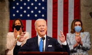 El presidente de EEUU, Joe Biden, pronuncia su dicurso en el Congreso por los primeros 100 días de mandato este miércoles 28 de abril de 2021.
