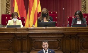 El ja investit president de la Generalitat, Pere Aragonès, pronunciant el seu discurs al Parlament.