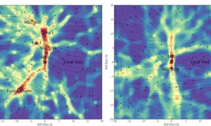 Un equipo internacional de investigadores ha elaborado un mapa de la materia oscura dentro del universo local, utilizando un modelo para inferir su ubicación debido a su influencia gravitacional en las galaxias (puntos negros).