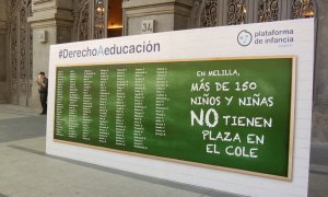 La Plataforma de Infancia ha desplegado una pizarra frente al Ministerio de Educación para pedir la escolarización de más de 150 menores en Melilla.