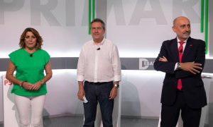 Susana Díaz, Juan Espadas y Luis Ángel Hierro, este martes.