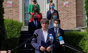 El expresident Carles Puigdemont, atiende a la prensa tras la reunión que ha mantenido con los consellers de JxCat en el Govern, desde Waterloo el 20 de junio de 2021.