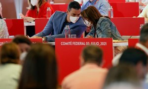 El secretario general del PSOE y presidente del Gobierno, Pedro Sánchez, conversa con la vicesecretaria general, Adriana Lastra, durante la reunión del Comité Federal del partido que se celebra este sábado en Madrid.