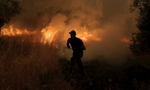 Un voluntario local en labores de extinción de un incendio en la localidad de Istiaia, en la isla griega de Eubea.