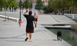 Un hombre pasea con su perro en el Parc Central, a 12 de agosto de 2021, en Valencia, Comunidad Valenciana (España)