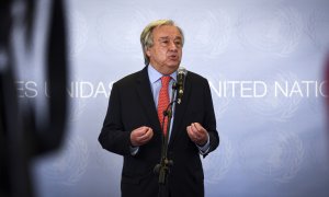 El secretario general de Naciones Unidas, Antonio Guterres, interviene en rueda de prensa, en el X aniversario del Centro de Naciones Unidas de Teconlogía, a 1 de julio de 2021, en Quart de Poblet, Valencia.