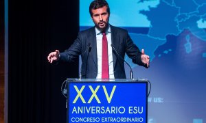 El presidente del Partido Popular, Pablo Casado, clausura el XXV Congreso Extraordinario de la European Seniors' Union, este viernes en un hotel madrileño. (24-9-2021)