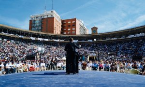 El presidente del PP, Pablo Casado, durante su discurso en la Plaza de Toros de Valencia con motivo del cierre de la Convención Nacional.