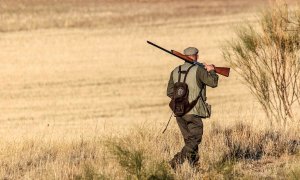 Un cazador camina por el campo con el cañón de su escopeta apoyado sobre el hombro.