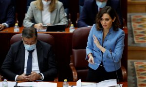 La presidenta de la Comunidad de Madrid, Isabel Díaz Ayuso durante su intervención en el Pleno de la Asamblea de Madrid celebrado este jueves.