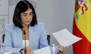 La ministra de Sanidad, Carolina Darias, durante la rueda de prensa posterior a la reunión del Consejo de Ministros, este lunes en La Moncloa.