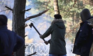 Una imagen distribuida por la agencia de noticias Belta muestra a los migrantes cortando un árbol para su campamento cerca de la frontera entre Bielorrusia y Polonia en la región de Grodno, Bielorrusia, el 9 de noviembre de 2021.