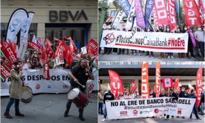 Imágenes de las concentraciones en protesta por los respectivos ERE de BVA, Caixabank y Banco Sabadell.