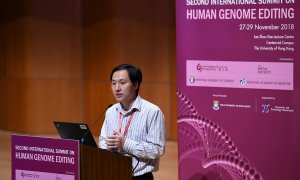El científico chino He Jiankui habla en la Segunda Cumbre Internacional sobre Edición del Genoma Humano en Hong Kong, en noviembre de 2018.  Anthony WALLACE / AFP