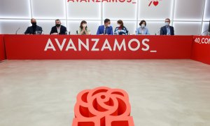 De izquierda a derecha, Alfonso Rodríguez Gómez de Celis, Santos Cerdán, Cristina Narbona, Pedro Sánchez, Adriana Lastra, Mª Luz Martínez Seijo, y Javier Izquierdo Roncero, en una reunión de la Comisión Ejecutiva Federal del PSOE, en la sede de la madrile