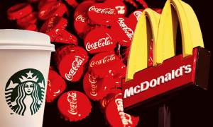 Imagen combinada de las marcas estadounidenses Coca Cola, McDonald's y Starbucks
