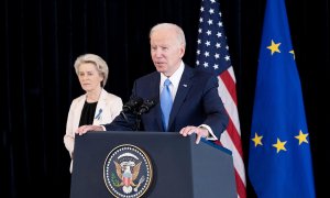 25/03/2022 El mandatario de Estados Unidos, Joe Biden, comparece tras reunirse con la presidenta de la Comisión Europea, Ursula Von der Leyen, en Bruselas