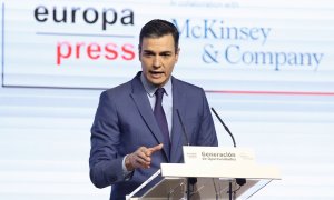 El presidente del Gobierno, Pedro Sánchez, durante su conferencia de este lunes.