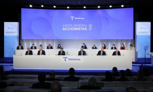 Vista del consejo de administración de Telefónica, en la junta de accionistas de la compañía, en Madrid. E.P./Marta Fernández