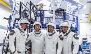 08/04/2022. Los miembros de la tripulación, de izquierda a derecha, Larry Connor, Miguel López-Alegría, Mark Pathy y Eytan Stibbe.