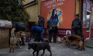 11/04/2022-Varias personas acompañadas de perros que buscan comida,  11 de abril, en Irpin (Ucrania)
