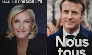 Carteles electorales de las elecciones presidenciales francesas con Emmanuel Macron y Marine Le Pen (20/4/22)