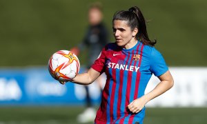 Andrea Pereira of FC Barcelona in action during the spanish women league, Primera Iberdrola, football match played between Real Madrid and FC Barcelona at Alfredo di Stefano stadium on December 12, 2021, in Valdebebas, Madrid, Spain.