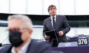 L'expresident de la Generalitat i eurodiputat de Junts, Carles Puigdemont, durant una intervenció al Parlament Europeu.