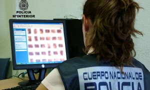 Una agente de la Policía Nacional frente a un ordenador.