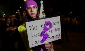 Una mujer con un gorro morado sostiene una pancarta en la que se lee 'No estamos solas, faltan las asesinadas', en la manifestación en Madrid con motivo del Día Internacional para la Eliminación de la Violencia contra las Mujeres, en Madrid a 25 de noviem