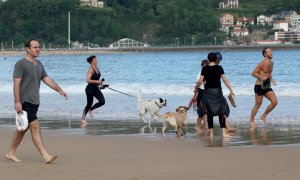 Varias persona caminan y corren con perros en la playa de La Concha en mayo de 2020 (Archivo).