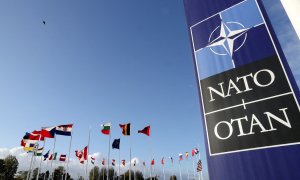 El logo de la OTAN (NATO, en sus siglas en inglés) y las banderas de los países miembros de la alianza, en el exterior de su sede en Bruselas. REUTERS/Pascal Rossignol