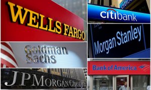 Los logos de los principales bancos de EEUU: Wells Fargo, Citigbank, Morgan Stanley, JPMorgan Chase, Bank of America, JPMorgan, y Goldman Sachs.