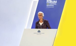La presidenta del BCE, Christine Lagarde, durante su intervención en la inauguración del foro de bancos centrales,en Sintra (Portugal).