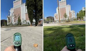 A la izquierda, la temperatura de superficie del adoquín al sol de Plaza de España. A la derecha, la temperatura en superficie del espacio arbolado de Plaza de España, en Madrid.