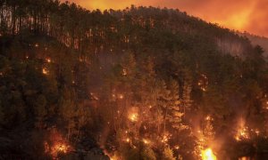 Vista nocturna del incendio forestal en Ribadavia (Ourense).