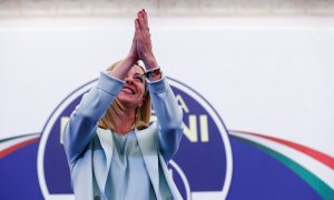 La líder de los Hermanos de Italia, Giorgia Meloni , en la sede del partido en la noche electoral, en Roma, Italia, el 26 de septiembre de 2022.