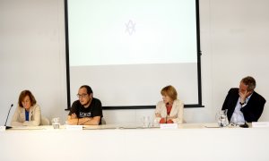 Anna Sallés, David Fernández, l'expresidenta del Parlament Carme Forcadell i l'exconseller Joaquim Forn en una roda de premsa de l’Acord Social per l’Amnistia i l’Autodeterminació.